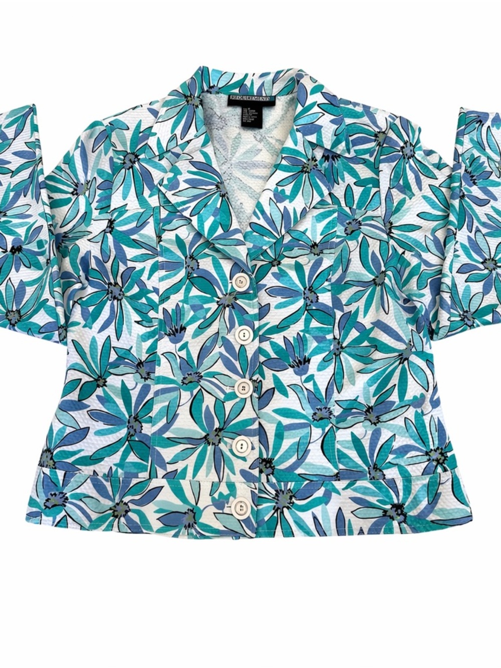 Requirements Womens Floral Cropped Jacket Blazer Blue Teal Size 6 Cotton Spring